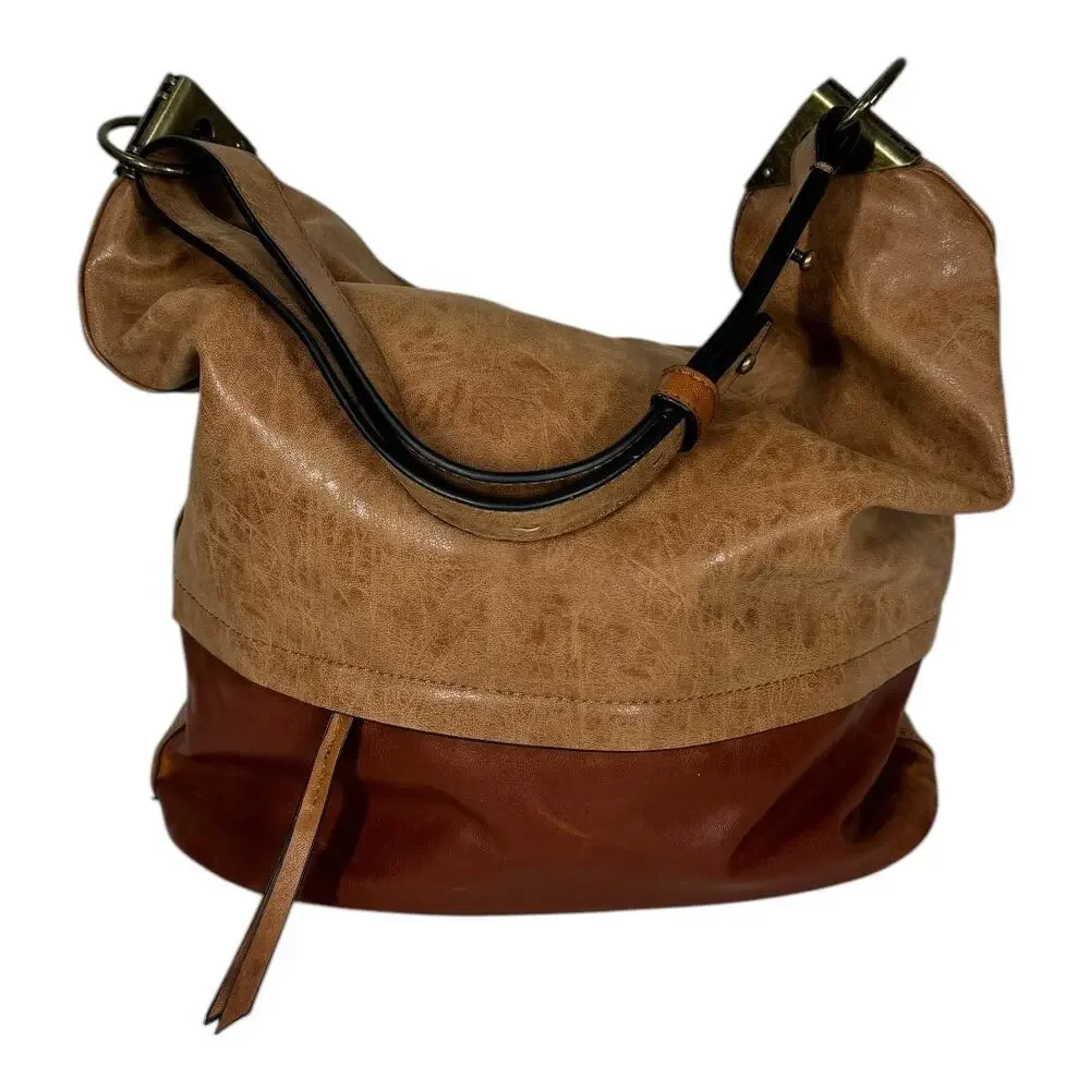 Joy Susan Darcy Zip Front Pocket Bucket Bag Faux Leather Vegan Tan Slouchy Hobo